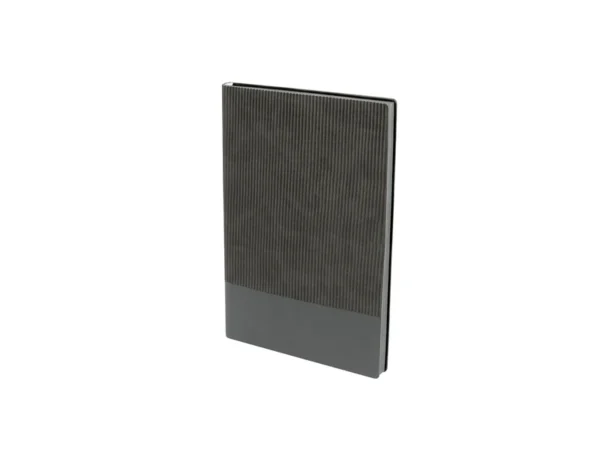 Libreta Doux de curpiel con doble textura líneas verticales y bordes de hojas a color para branding empresarial.