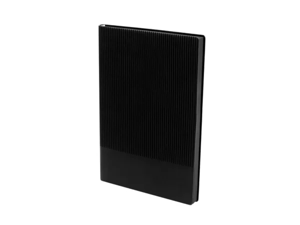 Libreta Doux de curpiel con doble textura líneas verticales y bordes de hojas a color para branding empresarial.