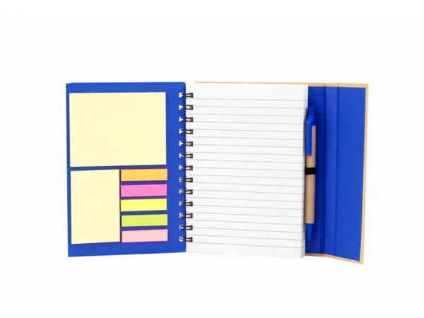Libreta ECO de cartón con espiral, bolígrafo incluido, notas adhesivas de colores y cierre imantado.