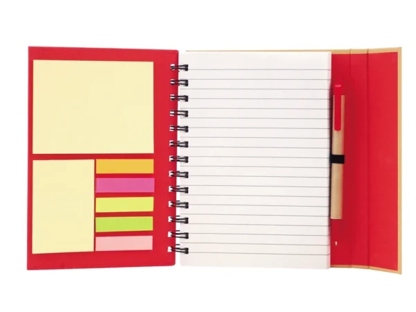 Libreta ECO de cartón con espiral, bolígrafo incluido, notas adhesivas de colores y cierre imantado.