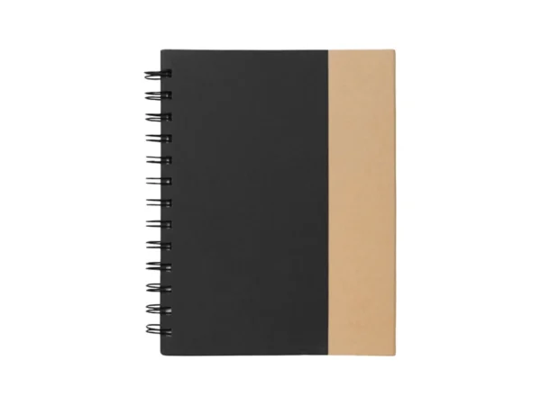 Libreta ECO de cartón con espiral, bolígrafo incluido, notas adhesivas de colores y cierre imantado.