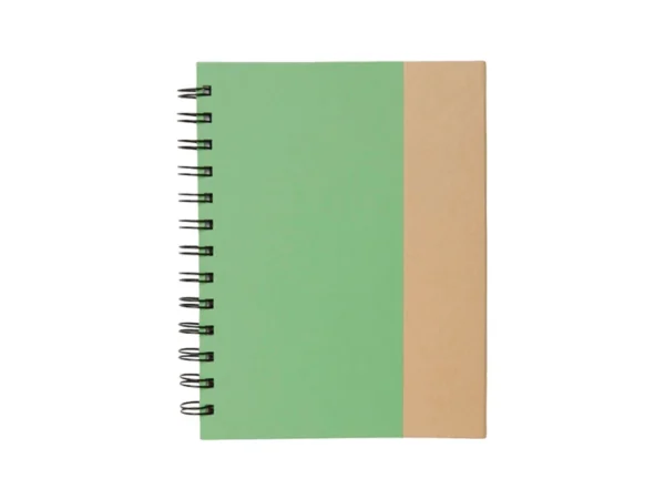 Libreta ECO de cartón con espiral, bolígrafo incluido, notas adhesivas de colores y cierre imantado.
