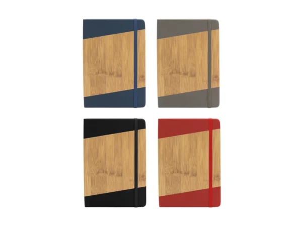 Libreta ESCANDINAVA tamaño A5 con cubierta rígida simil bambú, cierre elástico y cinta señaladora.