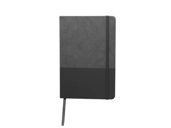 Libreta GAM con tapa bicolor de poliuretano suave al tacto, hojas crema rayadas y cierre de banda elástica.