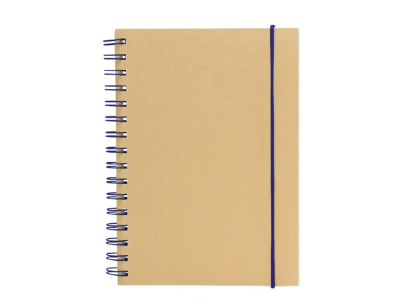 Libreta IBERICA con tapa de papel kraft, encuadernación en espiral de color y banda elástica de cierre.