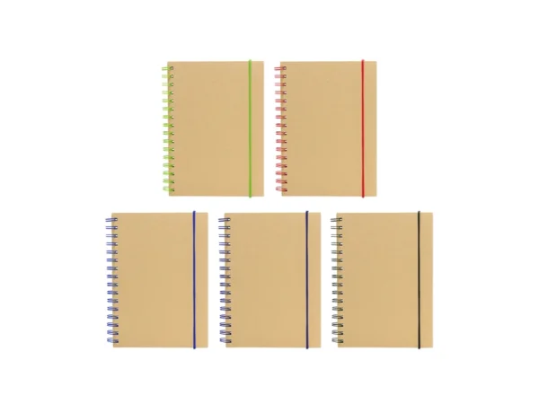 Libreta IBERICA con tapa de papel kraft, encuadernación en espiral de color y banda elástica de cierre.
