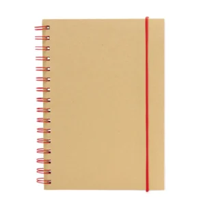 Libreta IBERICA con tapa de papel kraft, encuadernación en espiral de color y banda elástica de cierre.