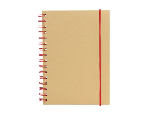Libreta IBERICA con tapa de papel kraft, encuadernación en espiral de color y banda elástica de cierre.