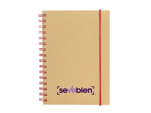 Libreta IBERICA con tapa de papel kraft, encuadernación en espiral de color y banda elástica de cierre.