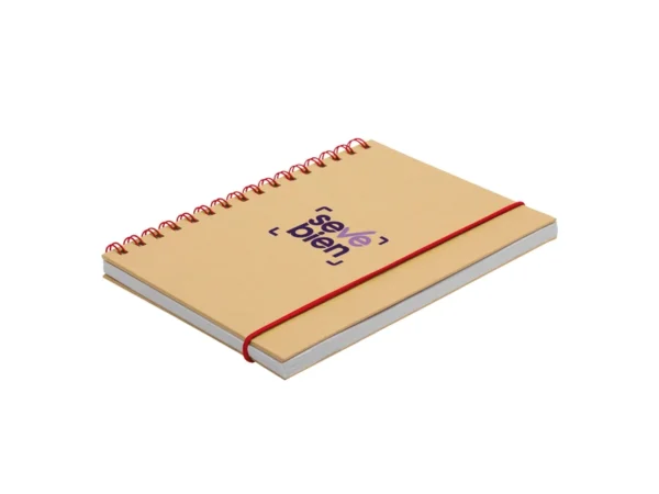 Libreta IBERICA con tapa de papel kraft, encuadernación en espiral de color y banda elástica de cierre.