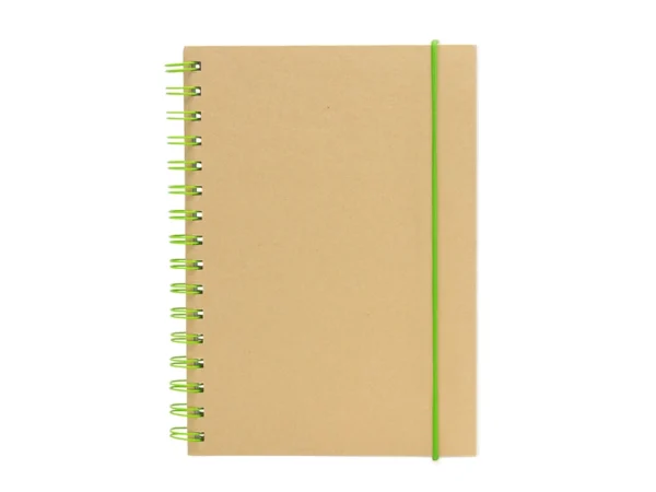 Libreta IBERICA con tapa de papel kraft, encuadernación en espiral de color y banda elástica de cierre.