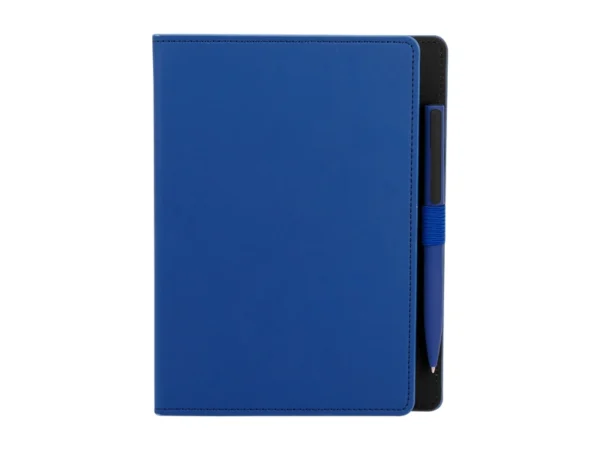 Libreta Kiona de curpiel con 80 hojas a rayas y bolígrafo de tacto suave para kits de bienvenida empresariales.