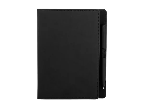 Libreta Kiona de curpiel con 80 hojas a rayas y bolígrafo de tacto suave para kits de bienvenida empresariales.