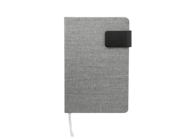 Libreta TIK de diseño ejecutivo en RPET gris con cierre magnético de neodimio y tira de poliuretano.