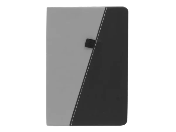 Libreta TREK bicolor con tapa rígida de poliuretano, portalápices elástico y encuadernación cosida.