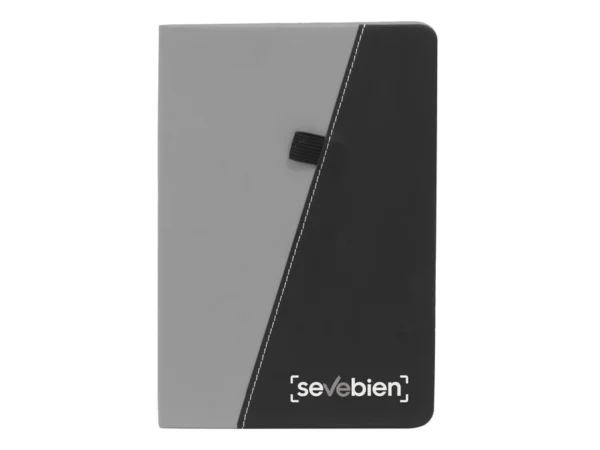 Libreta TREK bicolor con tapa rígida de poliuretano, portalápices elástico y encuadernación cosida.