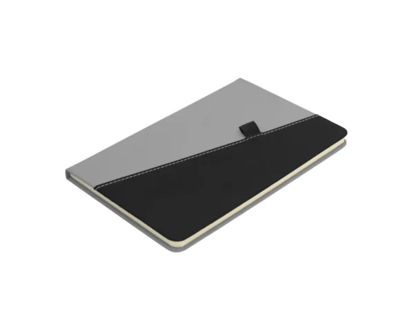 Libreta TREK bicolor con tapa rígida de poliuretano, portalápices elástico y encuadernación cosida.