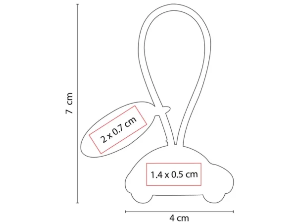 LLAVERO AUTO CON PLACA fabricado en hule y metal con área de grabado láser para logotipos corporativos.