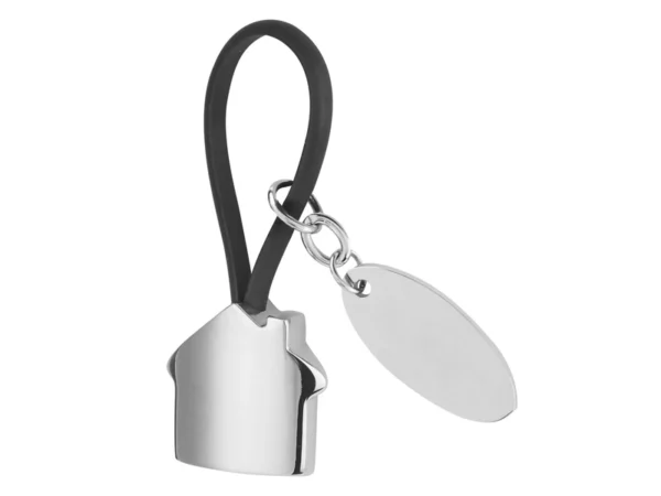 LLAVERO CASA CON PLACA de hule y metal con grabado láser ejecutivo y estuche individual para empresas en Querétaro.