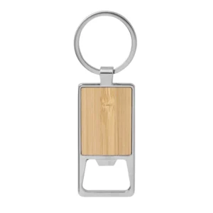 Llavero destapador KIDRINK con estructura metálica brillante, panel de bambú barnizado y estuche de regalo con terciopelo.