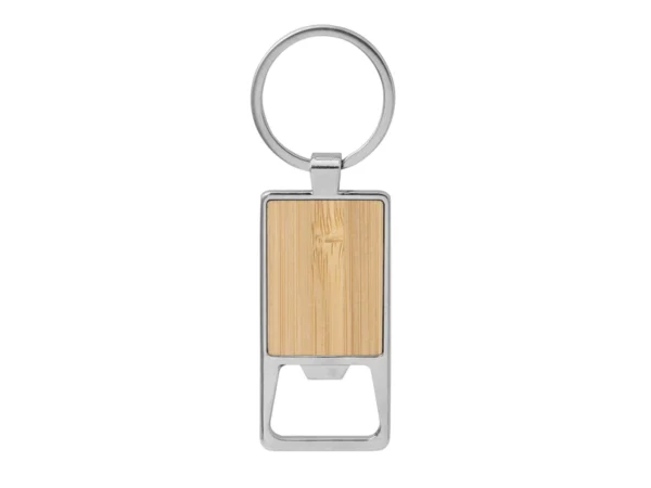 Llavero destapador KIDRINK con estructura metálica brillante, panel de bambú barnizado y estuche de regalo con terciopelo.