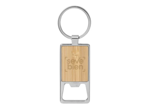 Llavero destapador KIDRINK con estructura metálica brillante, panel de bambú barnizado y estuche de regalo con terciopelo.