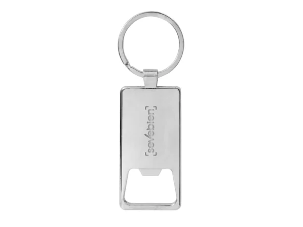 Llavero destapador KIDRINK con estructura metálica brillante, panel de bambú barnizado y estuche de regalo con terciopelo.