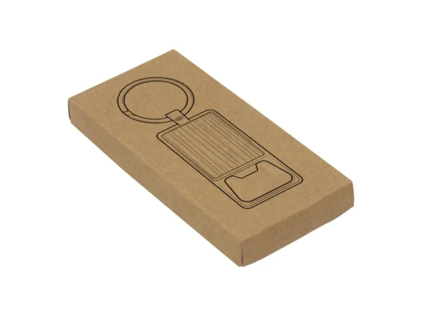 Llavero destapador KIDRINK con estructura metálica brillante, panel de bambú barnizado y estuche de regalo con terciopelo.