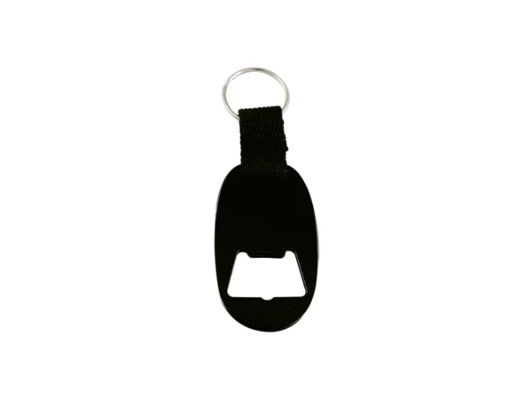 Llavero destapador metálico con detalle de tela para grabado láser y branding empresarial.