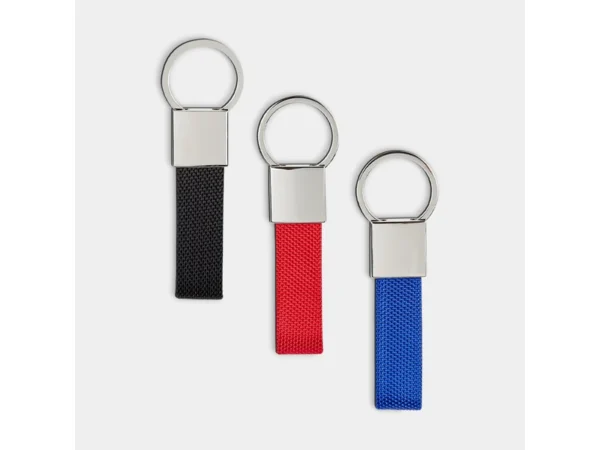 Llavero Gladstone de metal y tela con placa para grabado láser ideal para equipos comerciales y ventas.