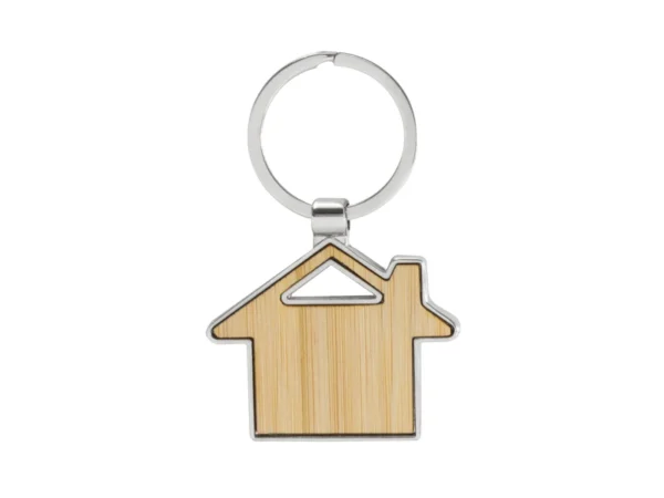 Llavero KIJOM en forma de casa con estructura metálica brillante, panel de bambú barnizado y estuche de regalo kraft con terciopelo.
