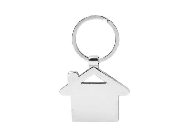 Llavero KIJOM en forma de casa con estructura metálica brillante, panel de bambú barnizado y estuche de regalo kraft con terciopelo.