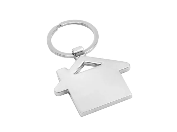 Llavero KIJOM en forma de casa con estructura metálica brillante, panel de bambú barnizado y estuche de regalo kraft con terciopelo.