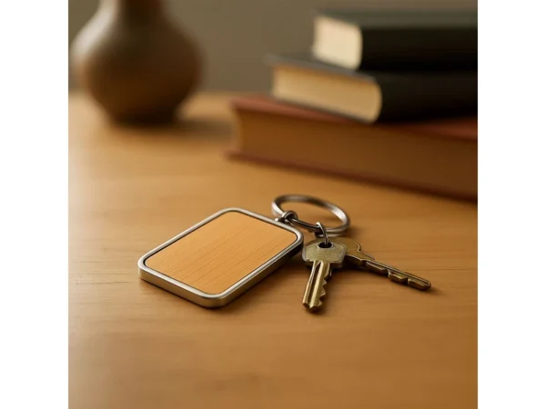 Llavero KIREC rectangular con estructura de metal brillante, panel de bambú barnizado y estuche de regalo con terciopelo negro.