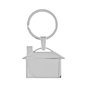 LLAVERO METÁLICO CASA en forma de casa con acabado pulido y estuche de regalo individual para fuerza de ventas.