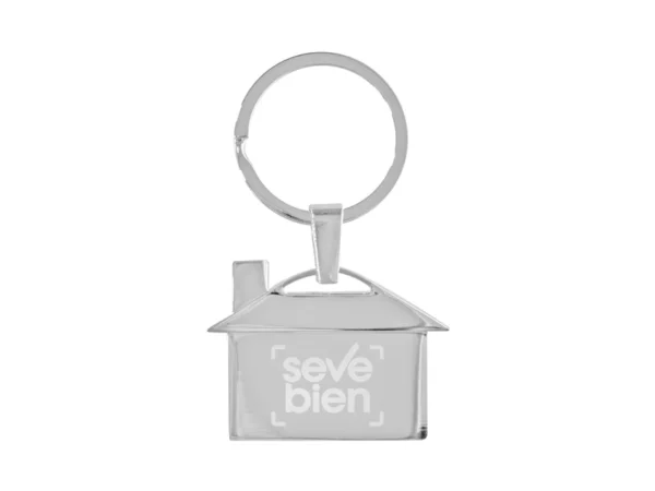 LLAVERO METÁLICO CASA en forma de casa con acabado pulido y estuche de regalo individual para fuerza de ventas.