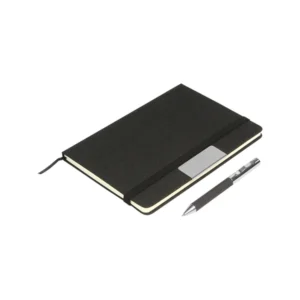 Set Bowil ejecutivo con libreta de RPET reciclado y bolígrafo de acero inoxidable en caja de regalo.