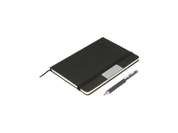 Set Bowil ejecutivo con libreta de RPET reciclado y bolígrafo de acero inoxidable en caja de regalo.
