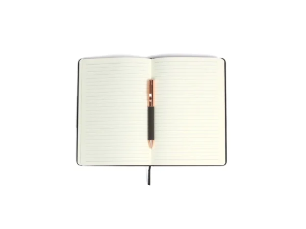 Set Bowil ejecutivo con libreta de RPET reciclado y bolígrafo de acero inoxidable en caja de regalo.