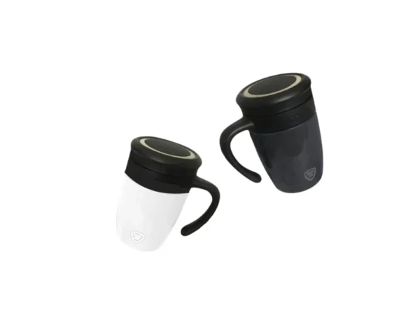 Taza Malva de 500 ml fabricada en acero inoxidable con doble pared al vacío, asa ergonómica y tapa de rosca.