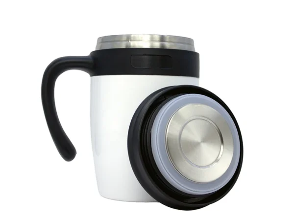 Taza Malva de 500 ml fabricada en acero inoxidable con doble pared al vacío, asa ergonómica y tapa de rosca.