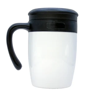 Taza Malva de 500 ml fabricada en acero inoxidable con doble pared al vacío, asa ergonómica y tapa de rosca.
