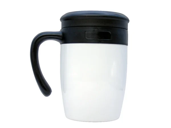 Taza Malva de 500 ml fabricada en acero inoxidable con doble pared al vacío, asa ergonómica y tapa de rosca.