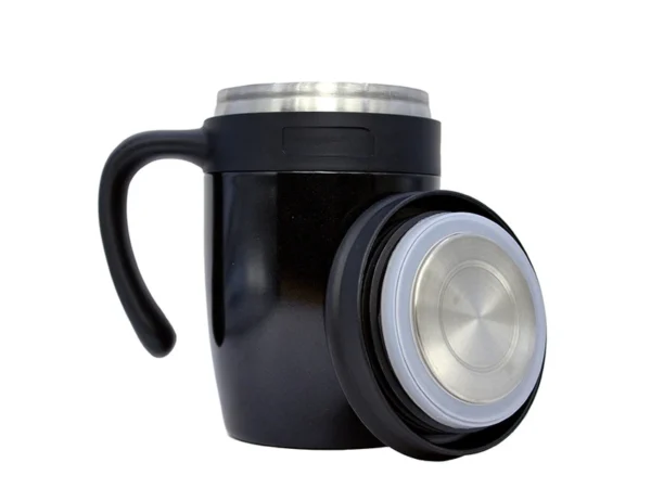 Taza Malva de 500 ml fabricada en acero inoxidable con doble pared al vacío, asa ergonómica y tapa de rosca.