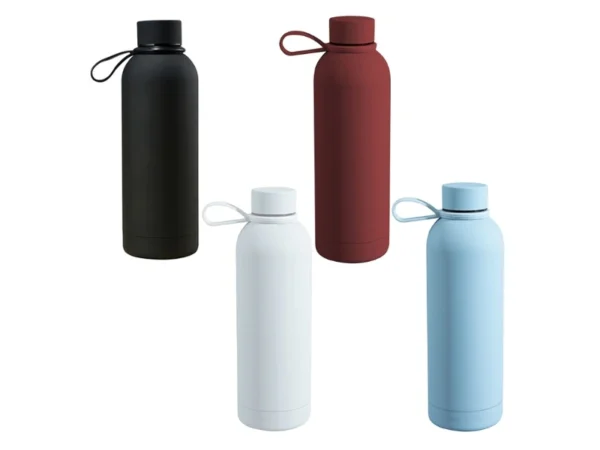 Termo Bonetero de 750 ml en acero inoxidable con acabado tipo rubber, doble pared al vacío y correa de silicón para transporte.