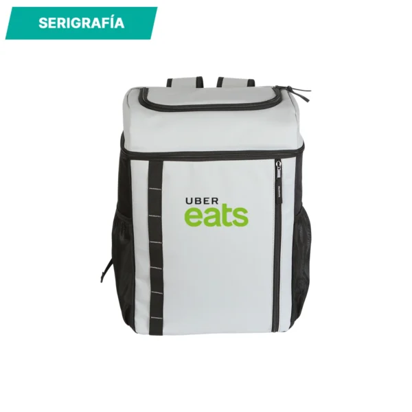 Hielera Alfatar tipo mochila personalizada con logo para empresas o eventos en Querétaro, fabricada en curpiel y poliéster.