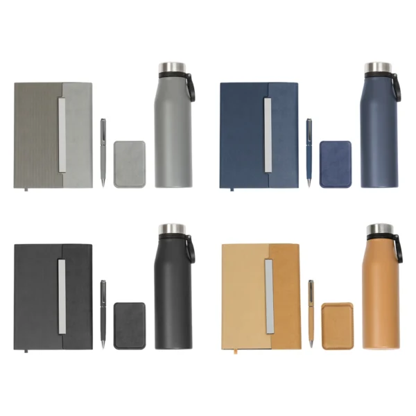 Set Belitsa con termo de acero inoxidable, libreta, bolígrafo y tarjetero de curpiel en caja de regalo corporativo.