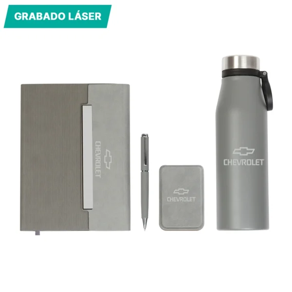 Set Belitsa con termo de acero inoxidable, libreta, bolígrafo y tarjetero de curpiel en caja de regalo corporativo.