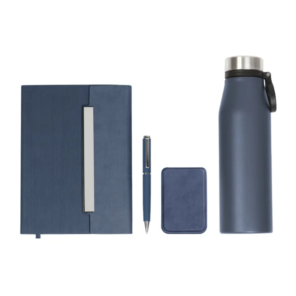 Set Belitsa con termo de acero inoxidable, libreta, bolígrafo y tarjetero de curpiel en caja de regalo corporativo.