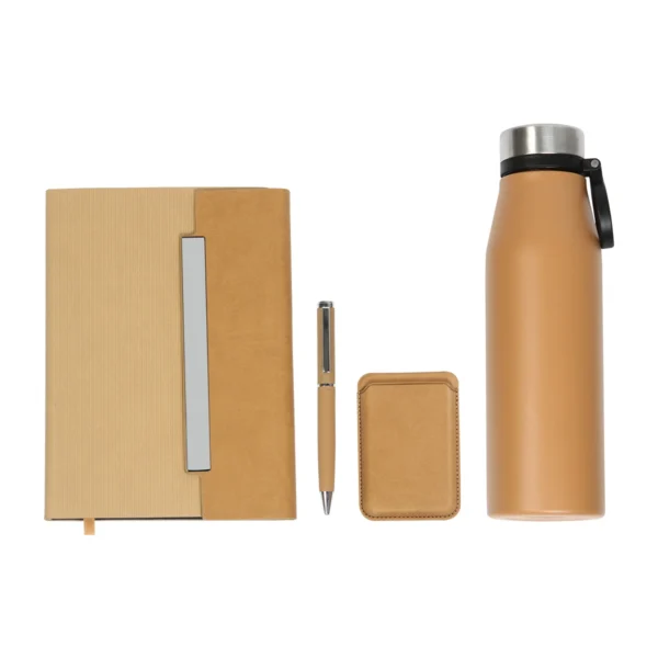 Set Belitsa con termo de acero inoxidable, libreta, bolígrafo y tarjetero de curpiel en caja de regalo corporativo.